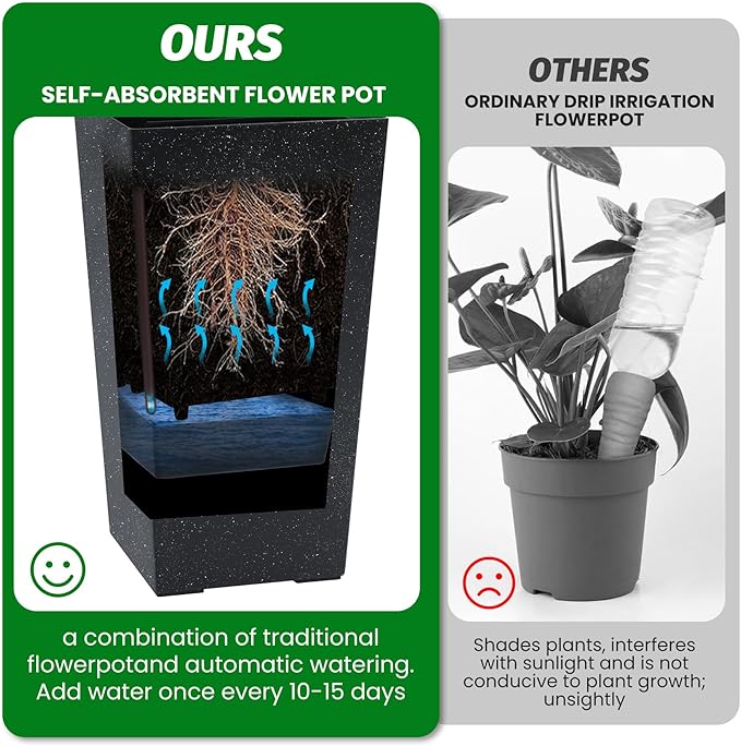 22.5" Tall Self Watering Planters Set of 2, Indoor Outdoor Plant Pots with Water Level Monitor & Drainage Holes, Automatic Watering System for Patio Garden Decor, Black