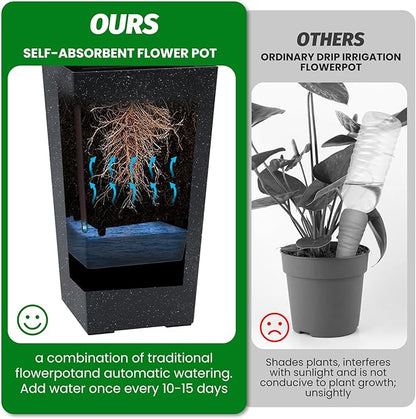 22.5" Tall Self Watering Planters Set of 2, Indoor Outdoor Plant Pots with Water Level Monitor & Drainage Holes, Automatic Watering System for Patio Garden Decor, Black