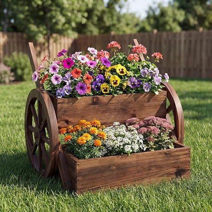 Giantex Wooden Wagon Planter Box, Rustic Garden Planter with Wheels, Handles & Drainage Holes for Flowers Herbs Vegetables, Indoor Outdoor Decorative Flower Cart for Patio Balcony (2)