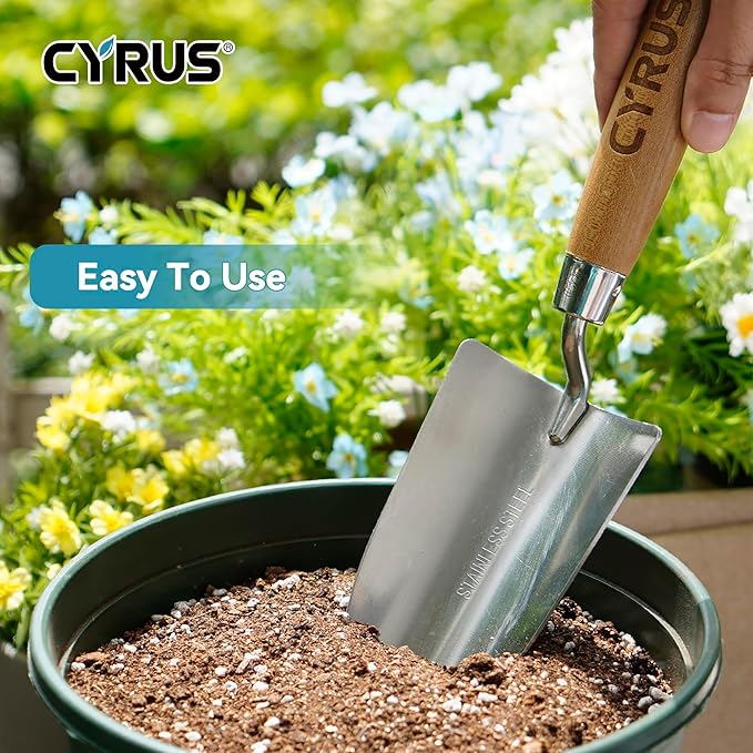CYRUS Garden Shovel 12.6”Stainless Steel,Small Shovels for Gardening with Ash Wood Handle,Hand Shovel Garden Spade Potting Soil Scoop for Planting,Transplanting