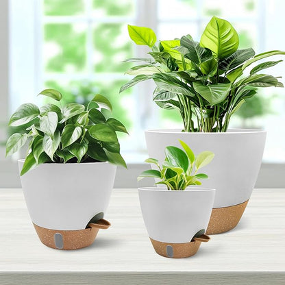 MNKXL 12"/10"/9"/8" Self Watering Pots with Visual Water Window,Extra Large Self Watering Plant Pots with Drainage Holes & Saucers,White Planters for Indoor Plants,4-Pack