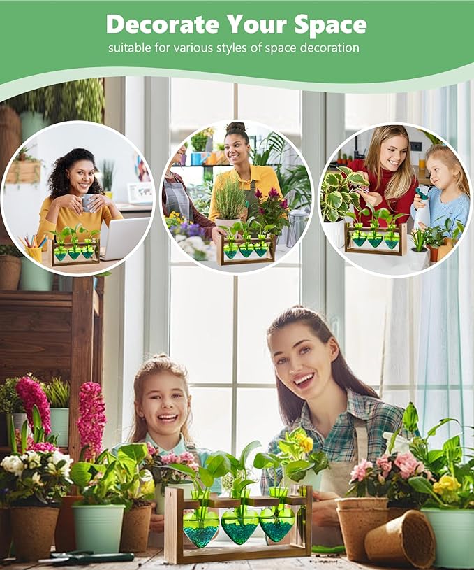 Nacome Plant Terrarium Propagation Stations: Birthday Gifts for Plant Lovers Women Mom Wife Daughter - 3 Bulb Glass Vase with Wooden Stand Tabletop for Hydroponics Home Garden Decor(Green)