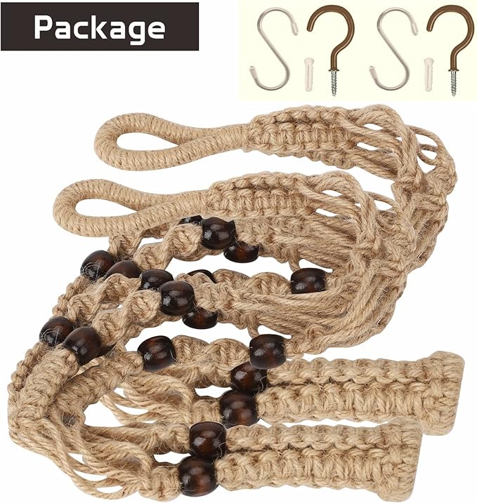 Macrame Plant Hanger 23", Set of 2 No Tassel Hanging Plant Holder Indoor, Sturdy Flower Pot Holder with Hooks - Brown (Pot NOT Included)