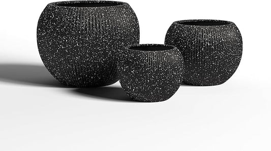 DTY Mount Sherman 12.6" D x 10'' H (Pot Opening 8.5") Fiberstone Round Planter with Drainage Hole, Smooth Finishes, Weather Resistant for Indoor and Outdoor, 2 Extra Coco Mats - Ribbed Black, Small
