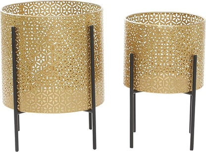 CosmoLiving by Cosmopolitan Metal Indoor Outdoor Planter Floral Cutout Small Planter Pot with Removable Stand, Set of 2 Planters 15", 14"H, Gold