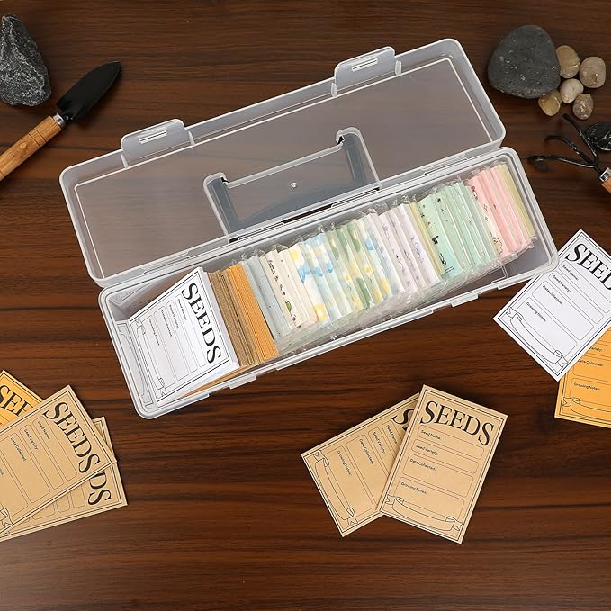 Kokone 2 Pack Plastic Clear Seed Storage Organizer Box with Handle, Portable Seed Bin with Lock, Transparent Seed Saving Box with Lid, Seed Container Seed Packet Storage Organizer
