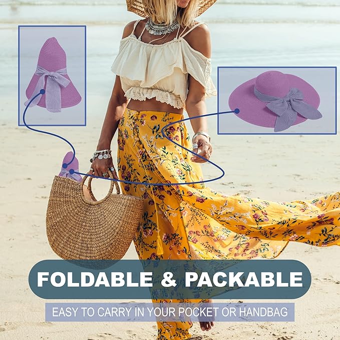 Women's Wide Brim UPF 50+ Straw Sun Hat with Bow - Foldable Packable Summer Beach Hat with Chin Strap