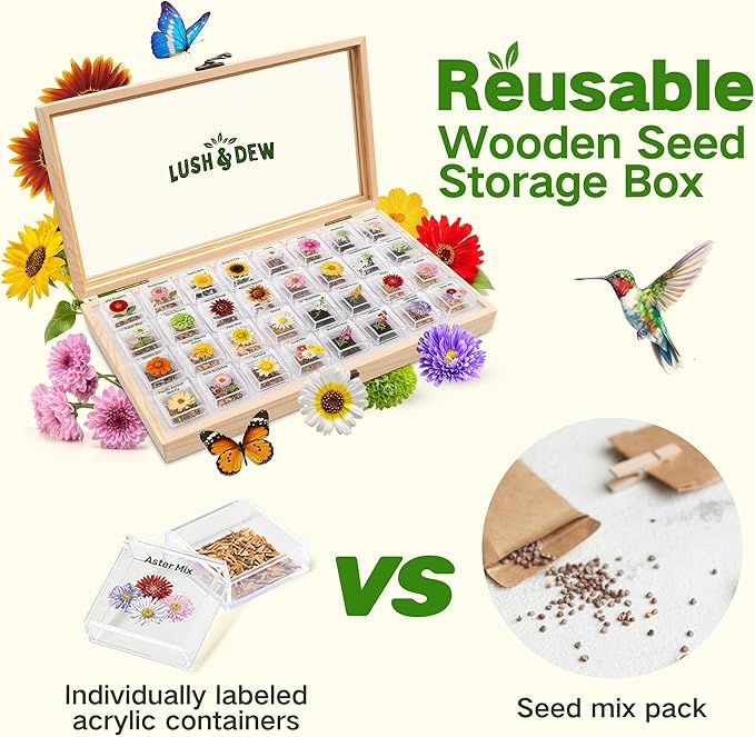 Lush&Dew Cut Flower Seed Bank, Gardening Gifts for Mom Women, 32 Varieties Non-GMO Annual & Perennial Wildflower Seeds for Planting in Raised Garden Bed, Home Garden, Zinnia Sunflower Zone 3-10