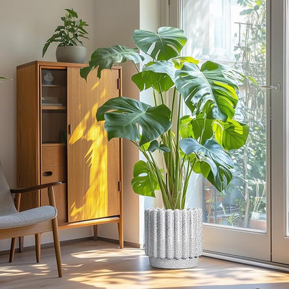 Ceramic Planter for Indoor Plants - 12 Inch Plant Pot Indoor with Drainage Hole, Large Ceramic Flower Pots Outdoor, Fluted Round Planter, Home Decor, Gardening Gifts, Black and White