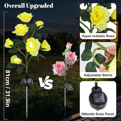Solar Rose Lights Outdoor, 2 Pack with 14 Rose Flowers Waterproof Color Changing LED Flower Lights, Solar Powered Garden Stakes for Yard, Patio, Pathway Decor - Artificial Floral Decorative Lighting