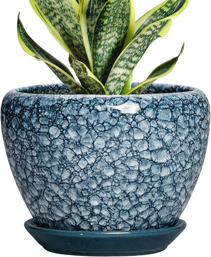 Ceramic Plant Pots - 6 Inch Planter with Drainage Hole and Tray, Decorative Plant Pots for Indoor Outdoor Plants, Round Modern Flower Pot, Home Decor, Gifts for Men Women, Stone Blue