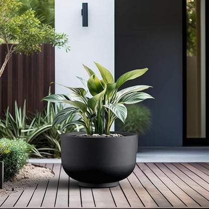 Kante 17.7 Inch Dia Concrete Bowl Planter, Large Tapered Bottom Plant Pot with Drainage, Smooth Black Finish with Painted Interior, Ideal for Porch, Home, Garden, Patio