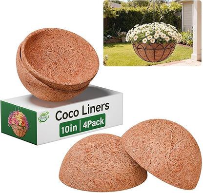 Halatool 4 Pack 10 Inch Coconut Liners for Planters Round Coco Coir Hanging Basket Liner for Flowers Vegetables Balcony Garden Patio Porch Home Decor
