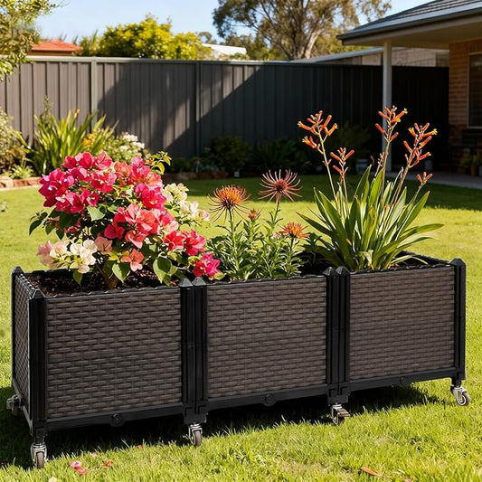 Raised Plant Box with Wheels 47.2"x15.7"x16.1", Raised Beds for Gardening Self Watering, Durable Metal Lockable Casters, Rectangular Garden Planter Perfect for Garden Patio Balcony Deck