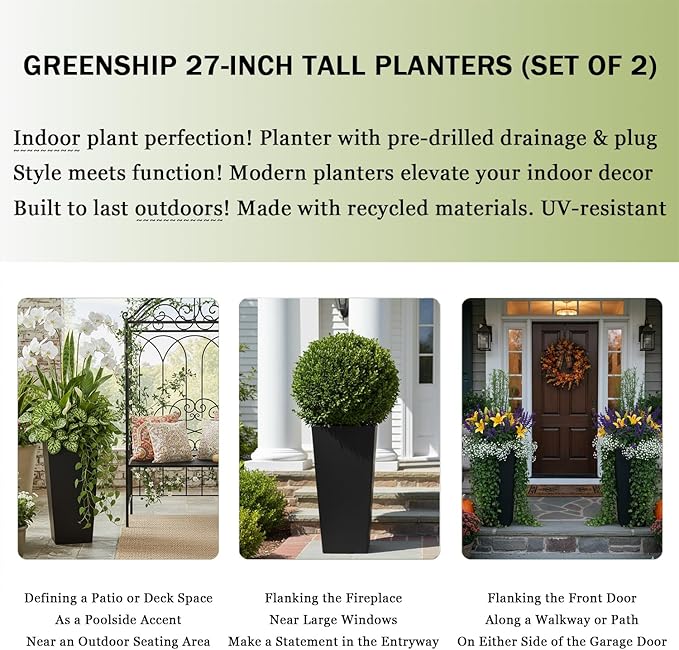 GreenShip 27 inch Tall Planters for Indoor Outdoor Plants, Set of 2 - Large Black Flower Pots with Drainage & Inner Shelf, Modern Decorative Garden Pots for Porch, Patio, Front Door