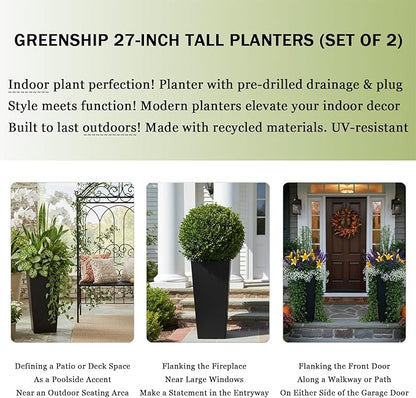 GreenShip 27 inch Tall Planters for Indoor Outdoor Plants, Set of 2 - Large Black Flower Pots with Drainage & Inner Shelf, Modern Decorative Garden Pots for Porch, Patio, Front Door