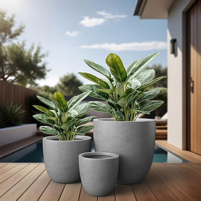 Kante Round Concrete Planter Set of 3, Large Outdoor Indoor Plant Pots with Drainage Hole, 10/14/18-Inch Diameter Flower Pots for Patio, Garden and Home, Gray