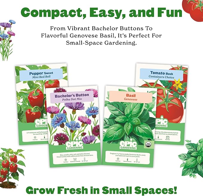 Epic Gardening Mini Garden Seed Kit - 4 Varieties for Small-Space Gardening, Includes Tomatoes, Peppers, Basil & Flowers, Perfect for Urban Gardening in Containers or Indoors, Non-GMO Seeds