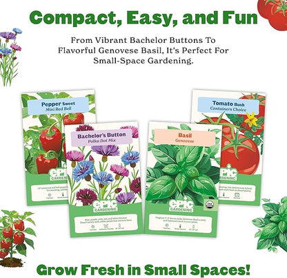 Epic Gardening Mini Garden Seed Kit - 4 Varieties for Small-Space Gardening, Includes Tomatoes, Peppers, Basil & Flowers, Perfect for Urban Gardening in Containers or Indoors, Non-GMO Seeds