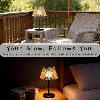 Solar Powered Table Lamp, Rattan Wicker Shade, Khaki Color, PP and Iron Material, Garden Courtyard Lawn Decor, 8.66 x 15.94 Inches