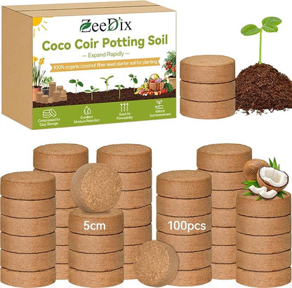 ZeeDix 100 Pack 50mm Organic Coco Coir Seed Starter Pellets, Compressed Coconut Fiber Seed Starter Soil Discs Potting Soil Mix for Indoor Outdoor Plants, Herbs Houseplants Bonsai Vegetables Flowers