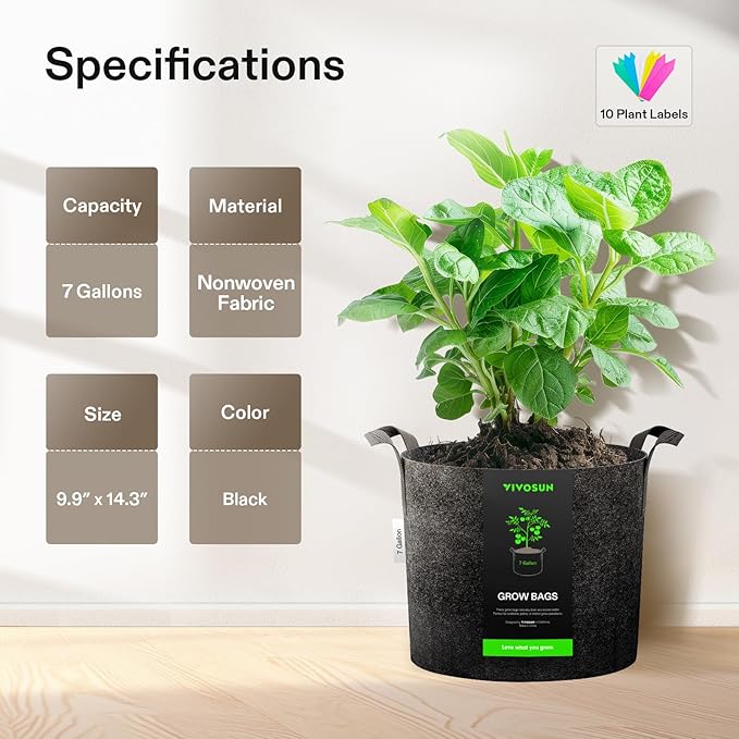 VIVOSUN 10-Pack 7 Gallon Grow Bags, Reinforced Planter Fabric Pots for Gardening Black