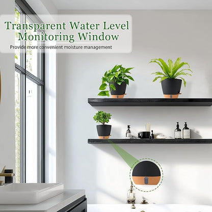 Self Watering Pots for Inoor Ourdoor Plants 8/7/6.5/6/5 Inch Plastic Planters with Drainage Holes & Water Level Indicator, Decorative House Flower Nursery Planting Pots with Saucers (Black)