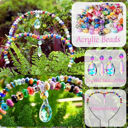 Beaded Garden Stakes Kit Fairy Garden Kit Decorative Garden Stakes with Sun Catcher Kits for Kids, Fairy Wand Kit with Fairy Beads and Suncatcher Beads, Plant Decorations for Pots