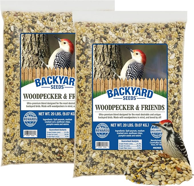 CountryMax Backyard Seeds Woodpecker No-Waste Bird Seed Mix 40lbs - Premium Shelled Peanuts & Sunflower Chips, Two Medium Bags of Wild Bird Food