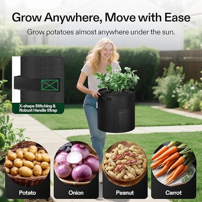 VIVOSUN 5-Pack 7 Gallon Potato Grow Bags, Fabric Pots With Handle and Roll-up Window, Planter Containers for Growing Potatoes, Black