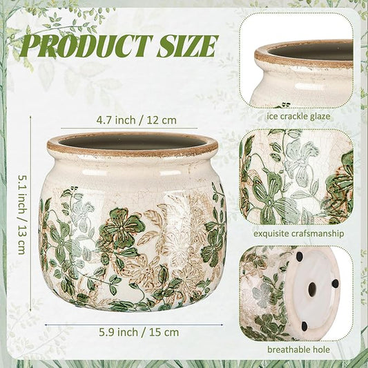 1 Pcs Vintage Planter Large Ceramic Plants Pot Beige Green Leaves Crack Cottage Scroll Vase Flower Vase Pot Indoor Plants Home Kitchen Decor Farmhouse Antique Decorative Gift
