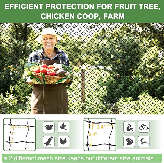 Bird Net - 50' x 50' Garden Netting with 2.4" Square Mesh Protect Fruit Tree, Plant & Vegetables from Poultry, Deer and Pests, Heavy Duty Tree Net for Garden, Farm, Orchard, etc.