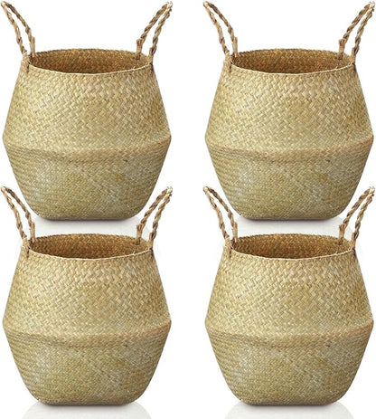 Qunclay 4 Pcs Woven Seagrass Baskets Belly Basket Folding Boho Natural Plant Pot with Handles Round Decorative Wicker Large Indoor Planter for Home Outdoor Tree Planters Decor (XL,12''dx13.8''h)