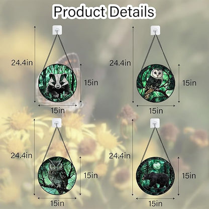 Stained Glass Window Hanging 4 Pcs Set Green Forest Night Sky Wildlife Large 15" - Suncatcher Door Garden Sun Catcher Decor Birthday for Mom Woman Nana Men Friend