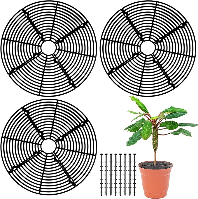 Sawysine 3 Pcs Plant Pot Cover Plant Protector from Animal Flower Pot Grid with Center Cutout Flower Cover Soil Protectors(Black,11.8 in)
