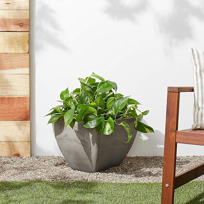 PSW Pot Collection 16x13 inch Plastic/Stone/Wood Composite Square Planter – No Drainage Hole (Drillable), Modern Indoor/Outer Pot for Flowers, Foliage, Succulents, Fairy Gardens, Cement Color