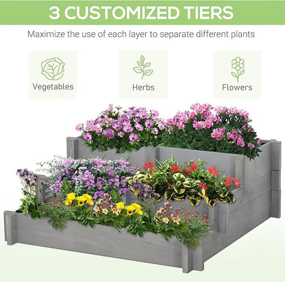 Outsunny 3-Tier Raised Garden Bed with 5 Compartments and Bed Liner, Fir Wood Elevated Planter Box, for Vegetables, Herbs, Outdoor Plants, 37 x 37 x 14in, Gray