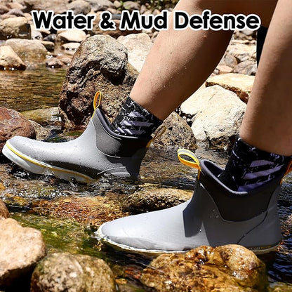 Kalkal Men's Deck Boots, Waterproof Fishing Rain Boots with High Traction, Men's Rubber Boots For Gardening Fishing Boating Camping Sailing