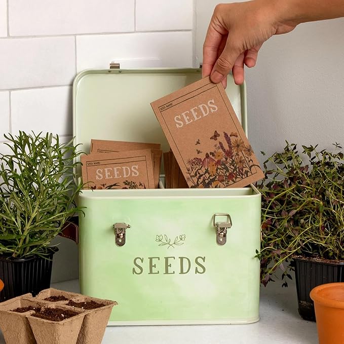 1Canoe2 Tin Seed Organizer Storage Box, Garden Seed Packet Vault Container, Gardening Supplies, Greenhouse Accessories, Gardening Gifts for Women (Green)