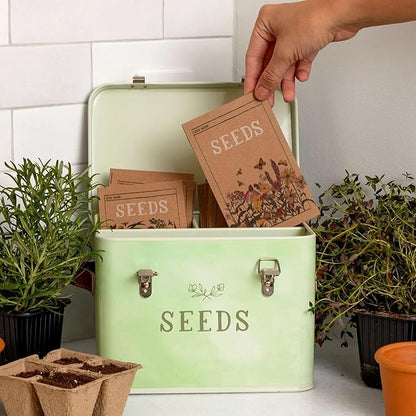 1Canoe2 Tin Seed Organizer Storage Box, Garden Seed Packet Vault Container, Gardening Supplies, Greenhouse Accessories, Gardening Gifts for Women (Green)