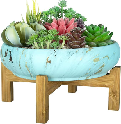 ARTKETTY Succulent Pot, Large Succulent Planters with Stand, 10 Inch Ceramic Bonsai Pots with Drainage Round Marble Cactus Flower Plant Bowl for Indoor/Outdoor