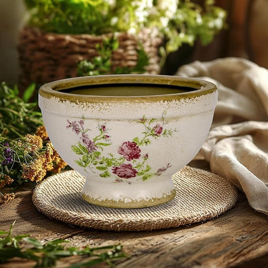 Vintage Ice Crackle Grazd Ceramic Flower Pot with Drainage Holes, 4.33 Inch Rustic Planter for Indoor Plants, Outdoor Garden, Farmhouse Gift Tuscan Decor (Pink)