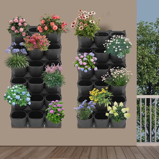 Vertical Wall Planter, Stackable Wall-Mounted Planter Indoor Outdoor w/36 Plastic Pots Living Wall Garden w/36 Non-Woven Fabrics Vegetable Hanging Pocket Holder Flowerpot (Black)