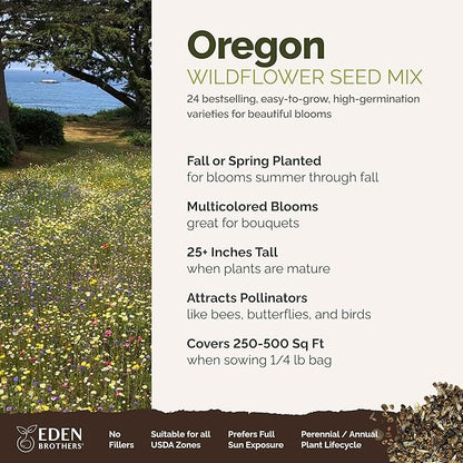 Eden Brothers Oregon Wildflower Mixed Seeds for Planting, 1/4 lb, 120,000+ Seeds with Bluebell, Cornflower | Attracts Pollinators, Plant in Spring or Fall, Zones