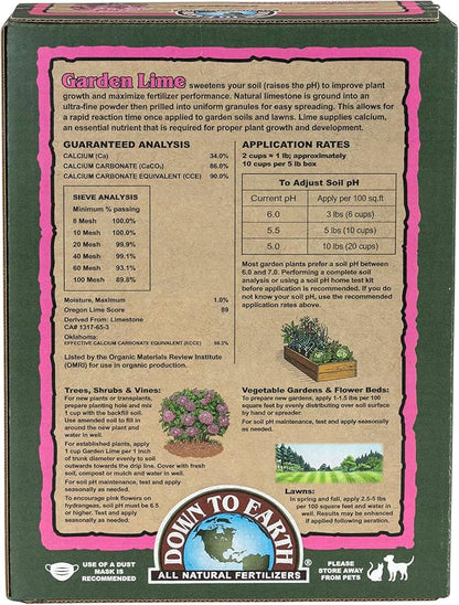 Down To Earth All Natural Fertilizers Organic Prilled Garden Lime - Calcium Carbonate Raises Soil pH for Lawns, Turf, Vegetable Gardens, 5 lb
