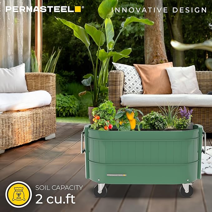 Permasteel Self-Watering Garden Bed, Rolling Planter for Vegetables, Flowers, Herbs, and Fruit, Outdoor Indoor, Caster Wheels, Sage