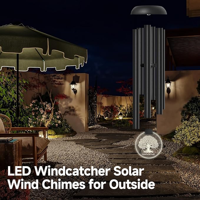 Solar Wind Chimes for Outside, 6 Tubes Relaxing Melody Wind Chimes with Tree of Life LED Windcatcher, Windchimes for Garden Patio Decor, Great Gift Idea for Mother's Day