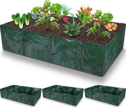 Woanger 4 Pcs Fabric Raised Garden Beds Planters 35 Gallon Plant Grow Bags with 8 Grid, Drainage Holes Vegetable Planter Rectangle Garden Containers for Vegetables Outdoor Fabric Pots for Flower Fruit