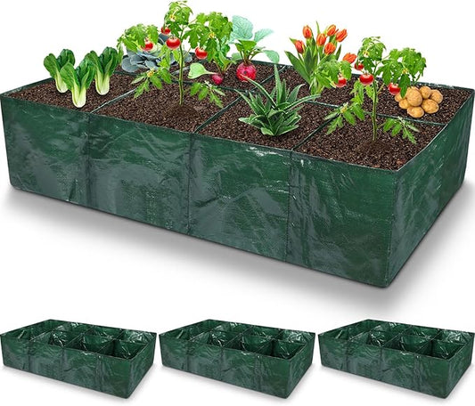 Woanger 4 Pcs Fabric Raised Garden Beds Planters 35 Gallon Plant Grow Bags with 8 Grid, Drainage Holes Vegetable Planter Rectangle Garden Containers for Vegetables Outdoor Fabric Pots for Flower Fruit