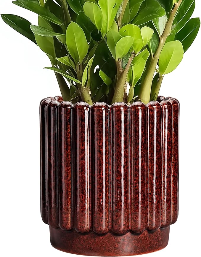 Ceramic Pots for Plants - 7.6 Inch Indoor Planter, Decorative Plant Pots with Drainage Hole, Fluted Ceramic Flower Pots, Round Planter Outdoor, Patio Decor, Gifts for Plant Lovers, Red